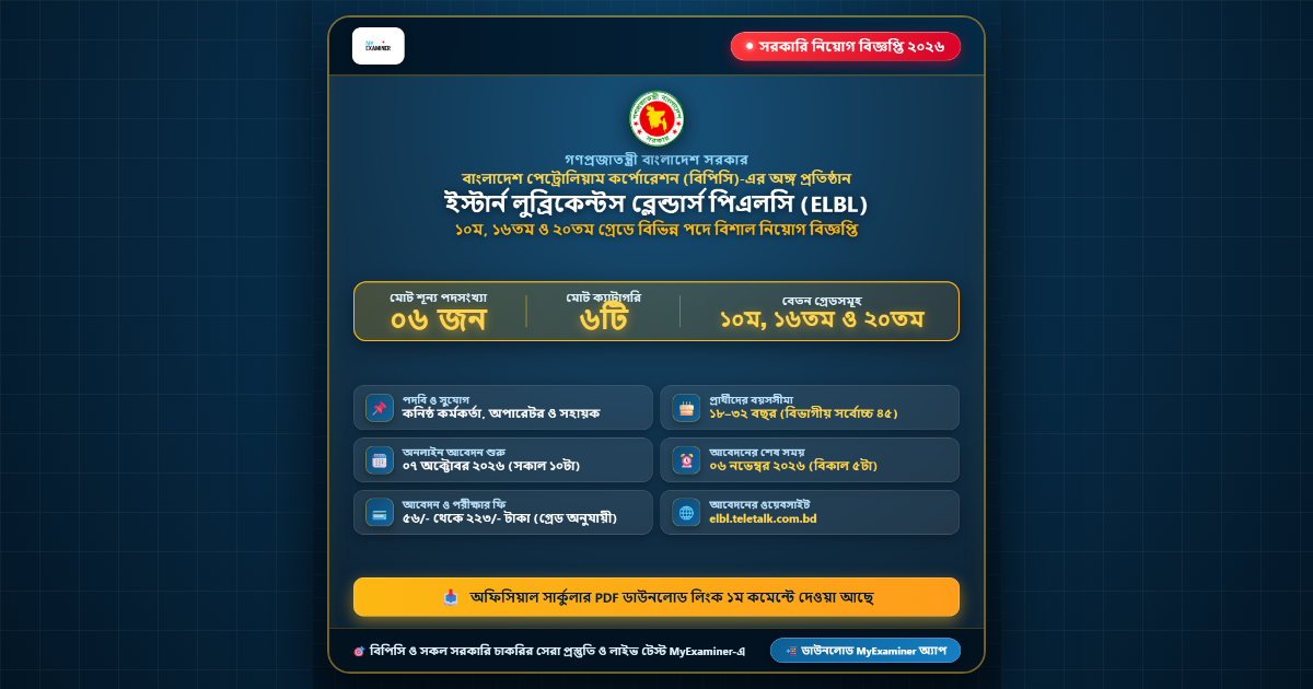 ইস্টার্ন লুব্রিকেন্টস ব্লেন্ডার্স পিএলসি (বিপিসি)-তে ৬টি পদে নিয়োগ বিজ্ঞপ্তি ২০২৬